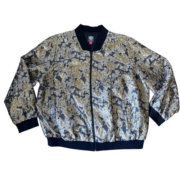 Vince Camuto Women Plus Size Metallic Bomber Jacket 3X Gold Black Floral Brocade - Picture 1 of 7